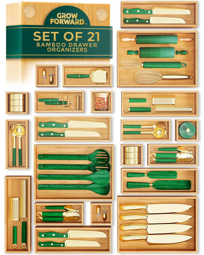 Grow Forward Bamboo Drawer Organizer Boxes - Set of 21 Wooden Drawer Organizers for Kitchen, Bathroom, Office, Desk, Vanity, Makeup - Non-Slip Junk Drawer Organizer Trays for Storage and Organization