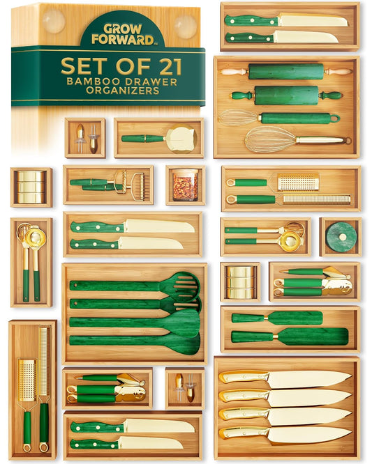 Grow Forward Bamboo Drawer Organizer Boxes - Set of 21 Wooden Drawer Organizers for Kitchen, Bathroom, Office, Desk, Vanity, Makeup - Non-Slip Junk Drawer Organizer Trays for Storage and Organization