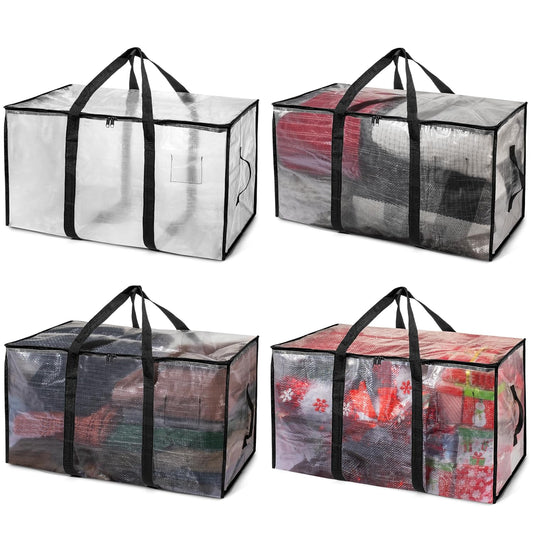 ClearSpace Heavy Duty Moving Bags - Water Resistant Storage Bags with Backpack Straps, Zippers and Handles - Large Moving Boxes for College Dorm, Travel, Closet Organization - 4 Pack, Clear