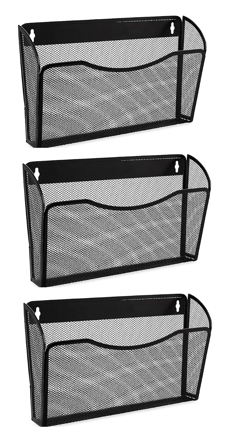 3 Single Pocket Mesh Hanging File Organizer, Vertical Wall Mounted Magazine File Holder, Mount Basket Mail Paper Document Folder Organizing for Office, Home and School, Black