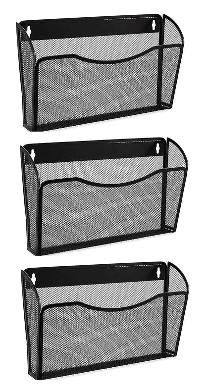 3 Single Pocket Mesh Hanging File Organizer, Vertical Wall Mounted Magazine File Holder, Mount Basket Mail Paper Document Folder Organizing for Office, Home and School, Black