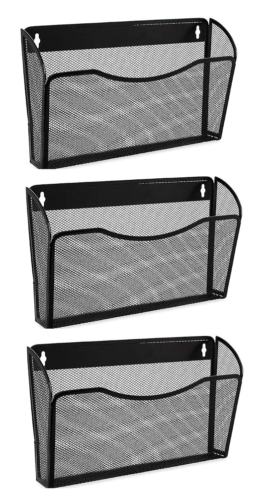 3 Single Pocket Mesh Hanging File Organizer, Vertical Wall Mounted Magazine File Holder, Mount Basket Mail Paper Document Folder Organizing for Office, Home and School, Black