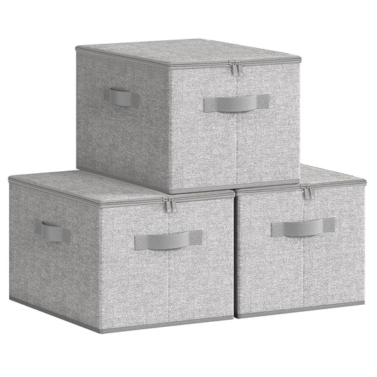 SONGMICS Large Storage Bins with Lids, 31 Quart Fabric Closet Organizer With Zipper, 3 Pack Foldable Storage Boxes, 15.7 x 11.8 x 9.8 Inches, Dove Gray URZB003W01