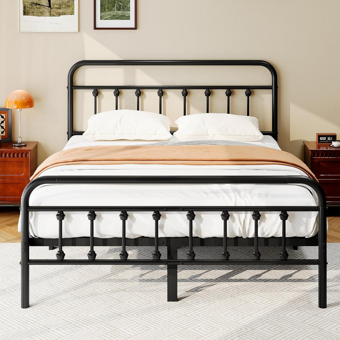 zunatu Full Size Metal Bed Frame with Victorian Style Headboard and Footboard, Steel Slat Support Platform Bed, No Box Spring Needed, Under Bed Storage, Easy Assembly, Black