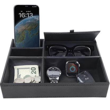 Zcaukya Men's Valet Tray, 5 Compartments, Black | Jewelry Box Nightstand Organizer, For Phone Keys Wallet Watch Glasses