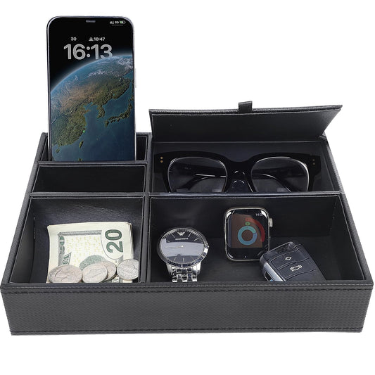 Zcaukya Men's Valet Tray, 5 Compartments, Black | Jewelry Box Nightstand Organizer, For Phone Keys Wallet Watch Glasses