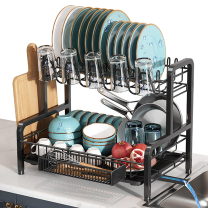 2 Tier Black Stainless Steel Dish Drying Rack for Kitchen Counter | Large Capacity Dish Drainer with Drainboard, Cup & Utensil Holder, Space Saving Rustproof Metal Plate Rack, Fast Drain