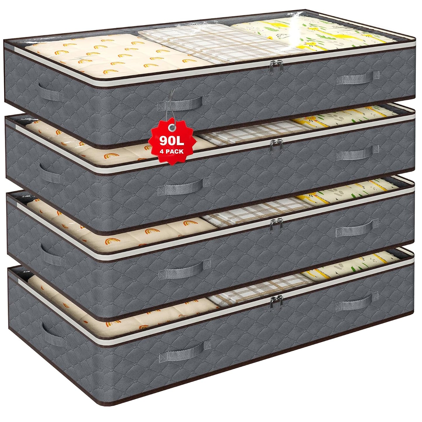 90L Under Bed Storage Containers,4-Pack Closet Organizer Storage Bins ,Grey | for Organization and Storage Clothes, Shoes, Blankets & Pillows,Visible Transparent Top Storage Bins with Lids