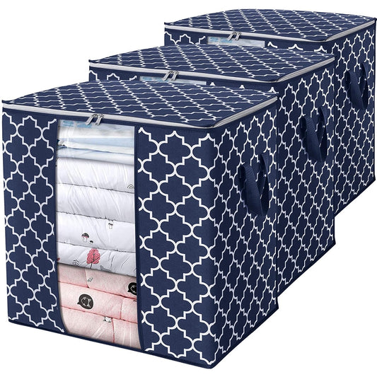 WISELIFE Storage Bags 3 Pack/100L Large Blanket Clothes Organization and Storage Containers for Comforters,Bedding, Foldable Organizer with Reinforced Handle, Clear Window, Sturdy Zippers,Blue