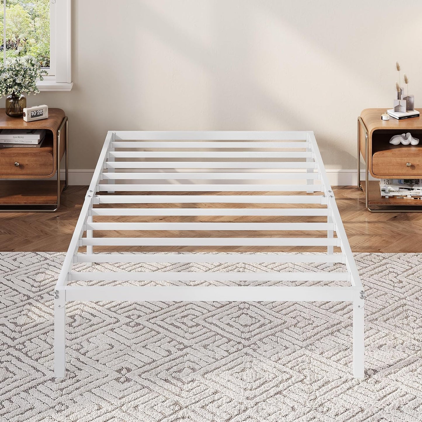 Allewie Twin Bed Frame, 12 Inch Metal Platform Beds with Storage Space, No Box Spring Required and Easy Assembly, White