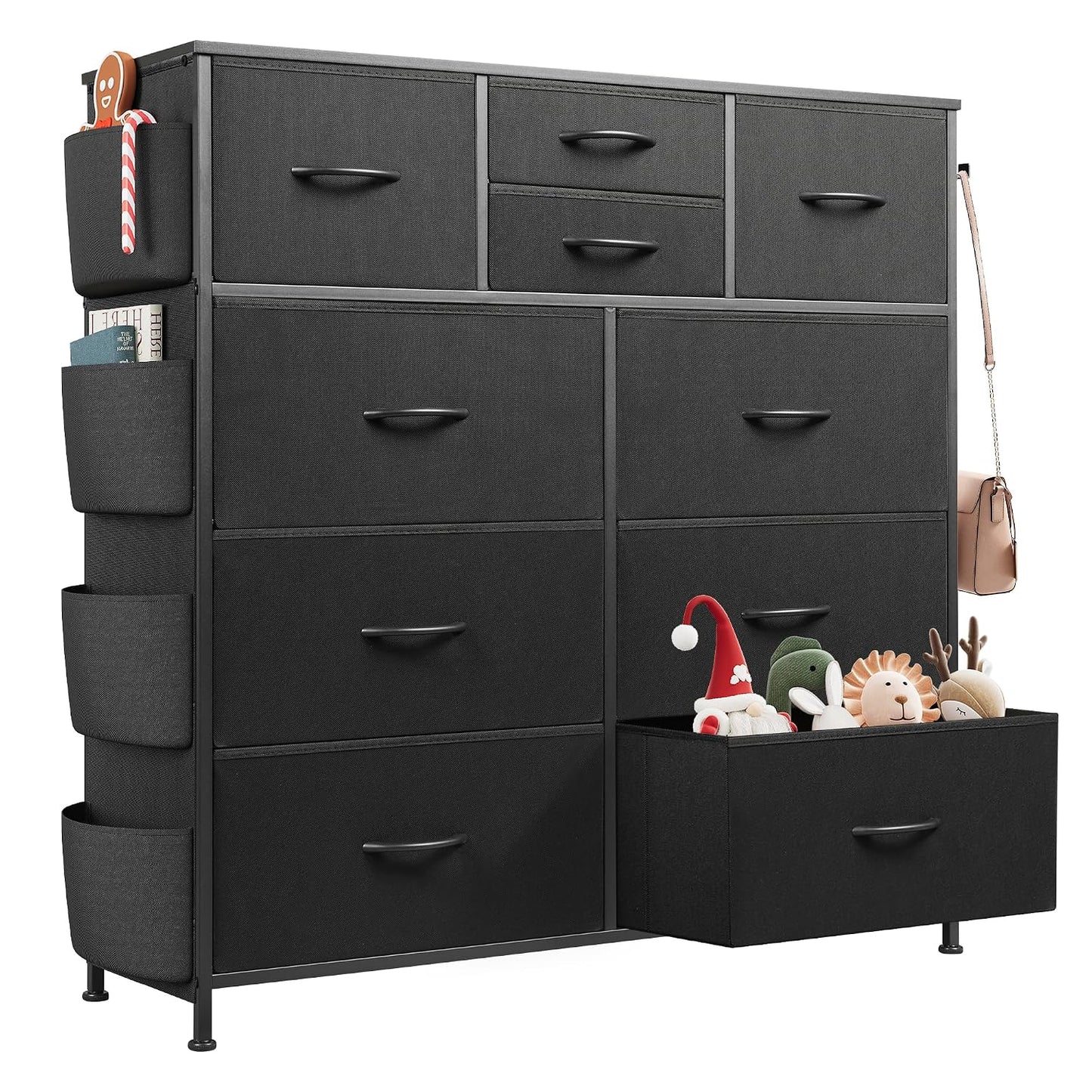 WLIVE 10 Drawer Black Fabric Dresser for Bedroom, Side Pocket & Hooks Chest | Fabric chest of drawers, steel frame, side pockets & hooks. Sleek modern storage for bedroom, closet, living room.