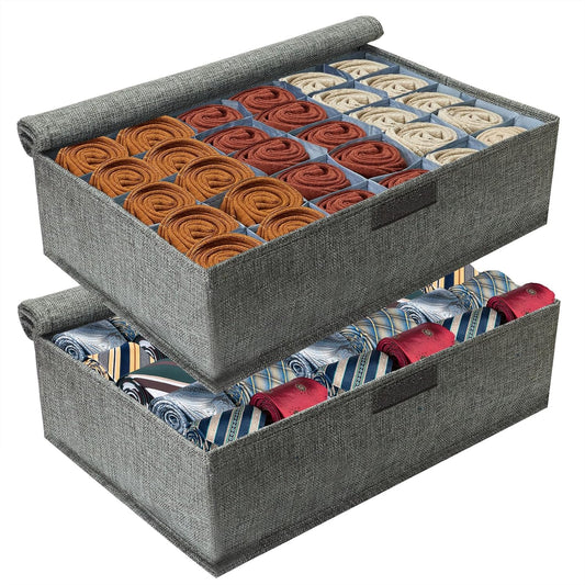 Gray Sock Organizer Divider 2 Pack with Lid - 30 Cell Foldable Closet Storage, Tie Organizer For Men Boxes for Socks, Ties, Belts