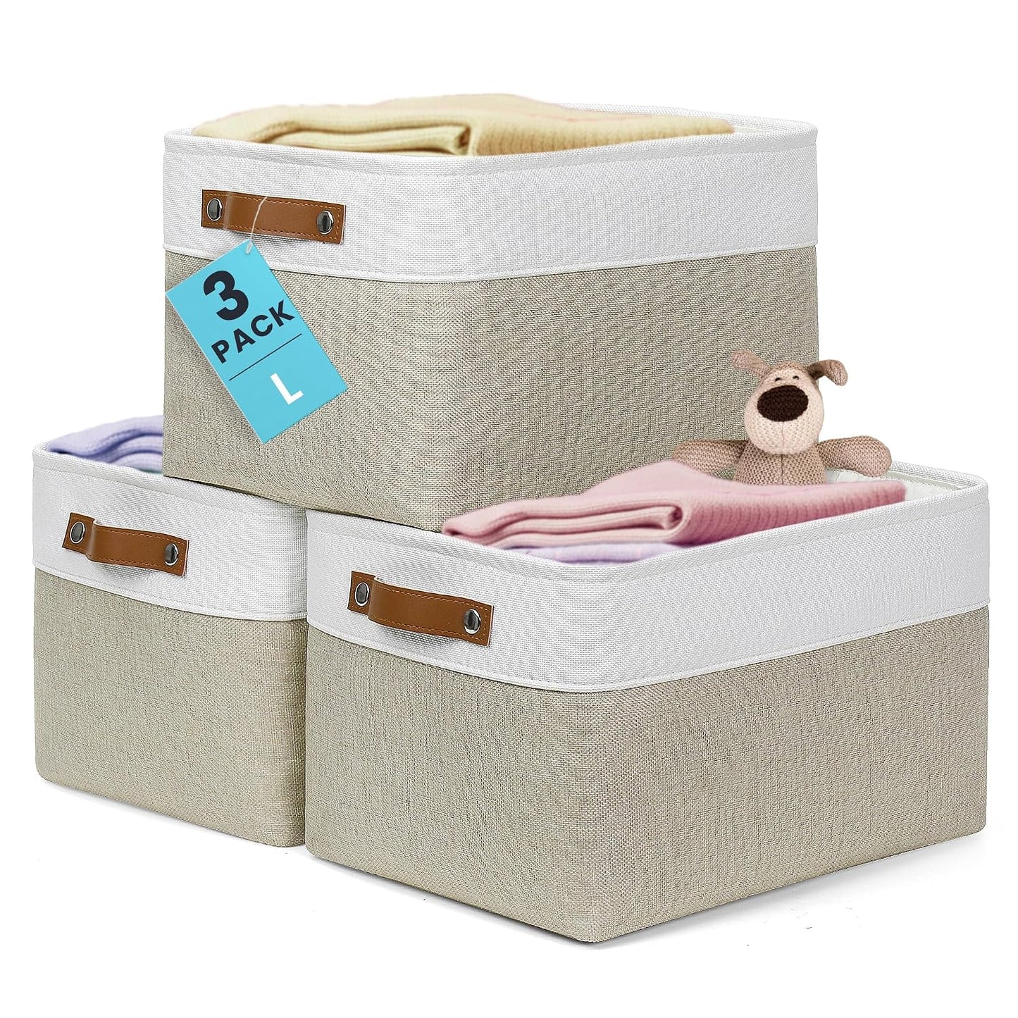 OrganiHaus 15x11in Canvas Storage Baskets 3 Pack - Fabric Bins for Shelves | Vegan leather handles; a decorative closet organizer for clothes, shoes, or toys; bedroom container
