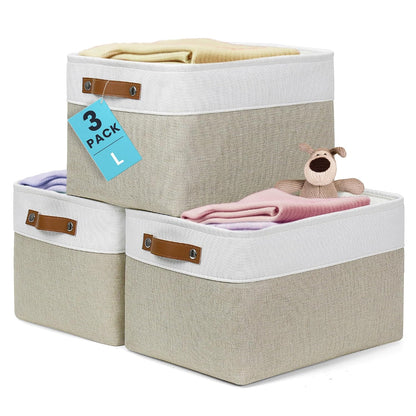 OrganiHaus 15x11in Canvas Storage Baskets 3 Pack - Fabric Bins for Shelves | Vegan leather handles; a decorative closet organizer for clothes, shoes, or toys; bedroom container