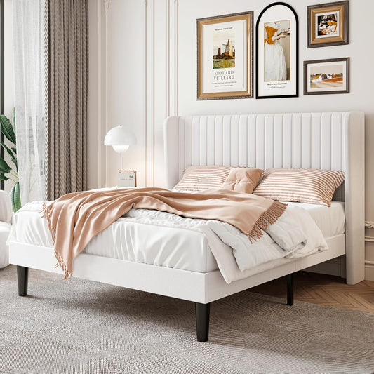 Full Size Velvet Bed Frame, Tufted Wingback Headbo... (White | Fabric)