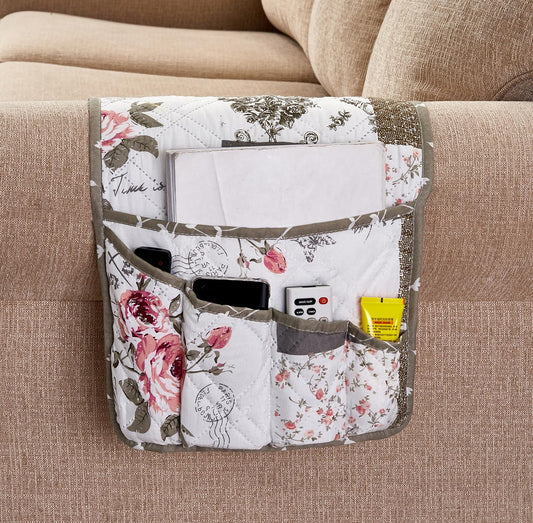 Brilliant Sunshine Patchwork Couch Armrest Organizer, Rose Grey (35"×13") | Non Slip Armchair Caddy for Sofa Recliner, Washable Remote Controls Holder, Storage for Magazine, Phone, iPad