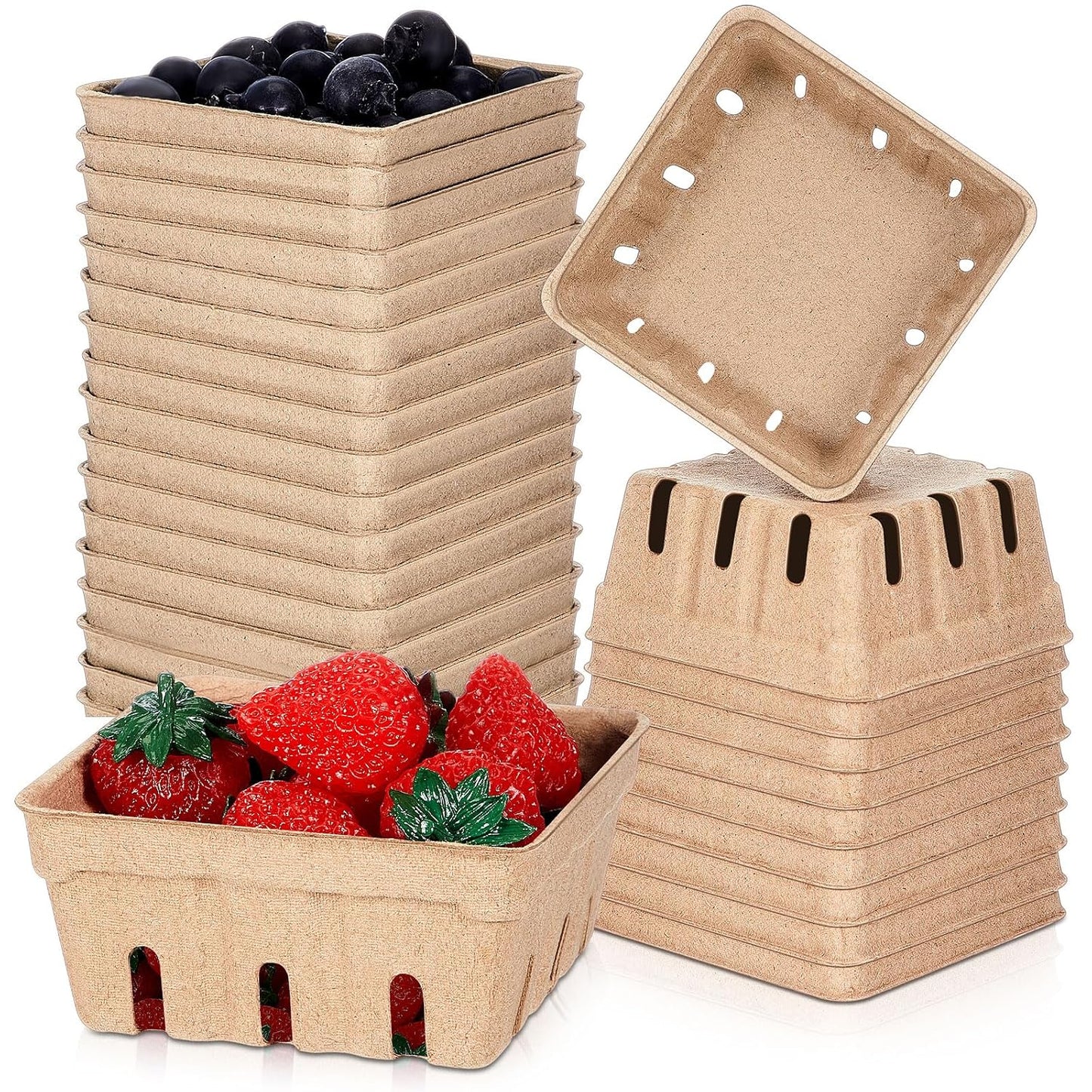 Reallnaive 20 Pack Natural Pulp Fiber Berry Baskets 1/2 Pint | For Strawberry, Blueberry, Raspberry, Vegetables, Farmers Market, Fruit Picking, Garden Harvest, Small Molded Produce Vented