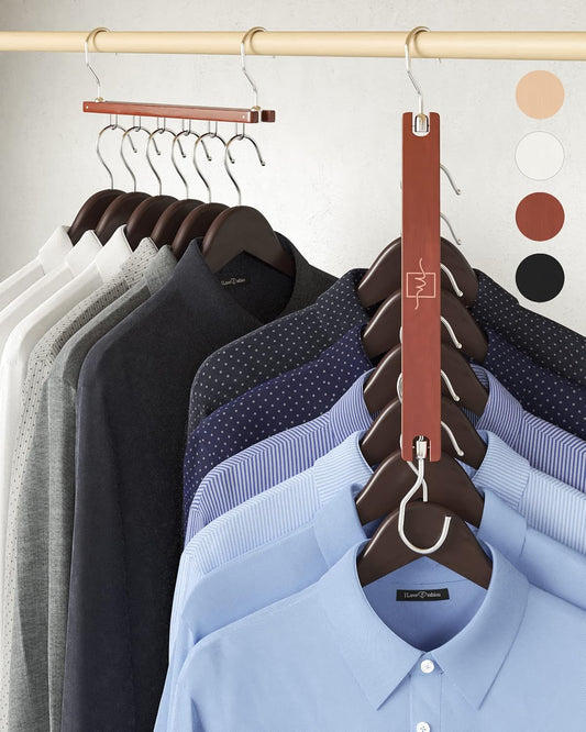 Space Saving Hangers for Closet – 4 Pack European Beechwood 6-Tier Shirt Organizer with 360° Swivel Hook – Collapsible Clothes Hanger for Closet Organization (Hangers Not Included)