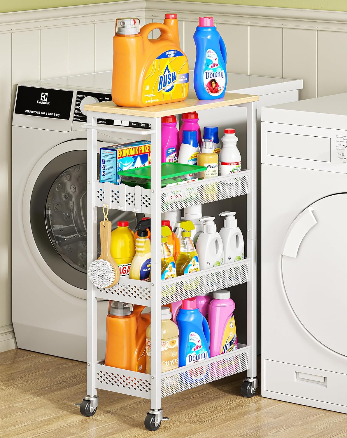 4-Tier Slim Rolling Storage Cart for Laundry Room, Bathroom, Kitchen | Upgraded metal hub casters, Narrow utility cart for small space/gaps, Premium wood top & metal mesh shelf, with handle & hook