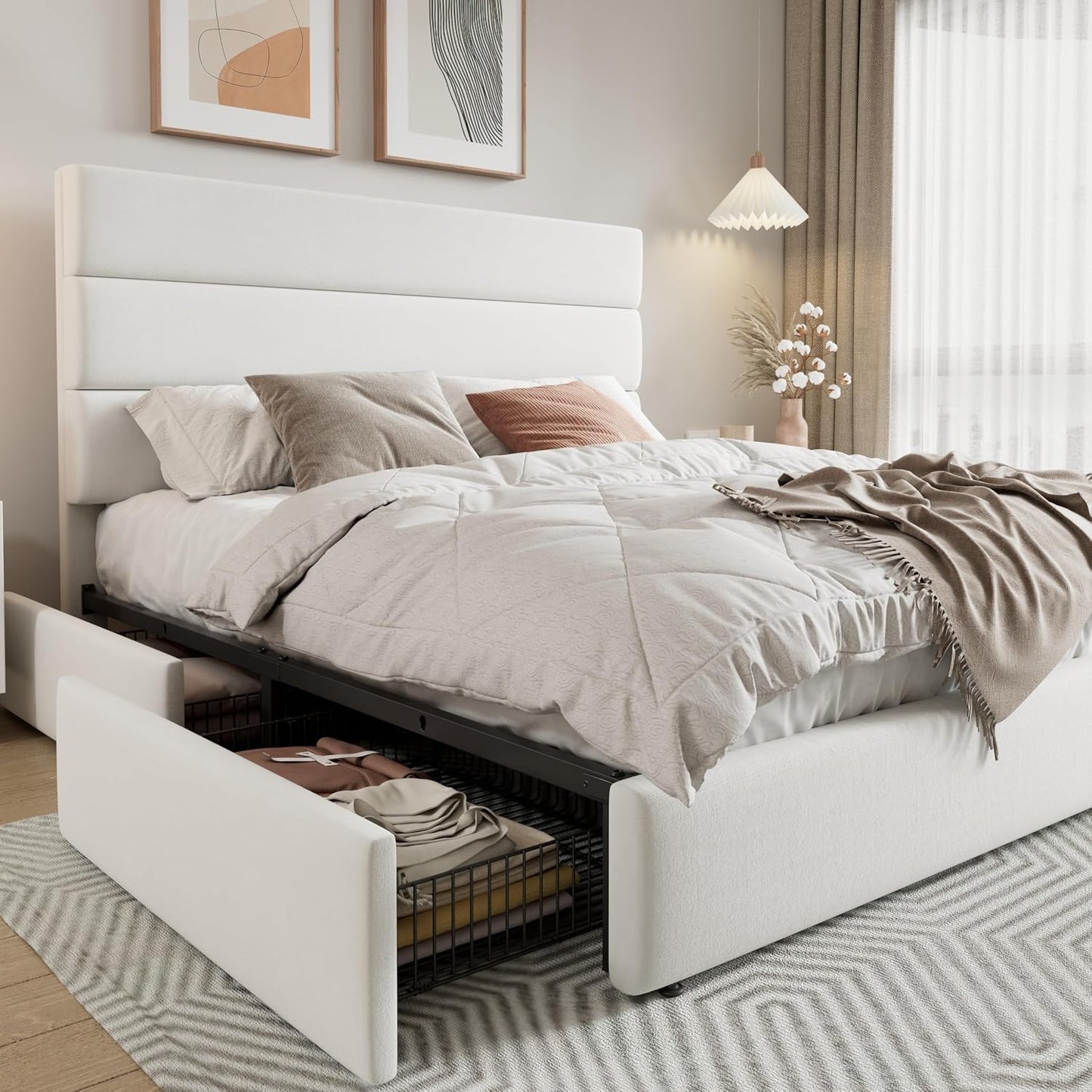 Allewie Modern Queen Size Platform Bed Frame with 4 Storage Drawers | Velvet Upholstered Headboard, Wooden Slats Support, Upholstered Mattress Foundation/No Box Spring Needed/Easy Assembly, White