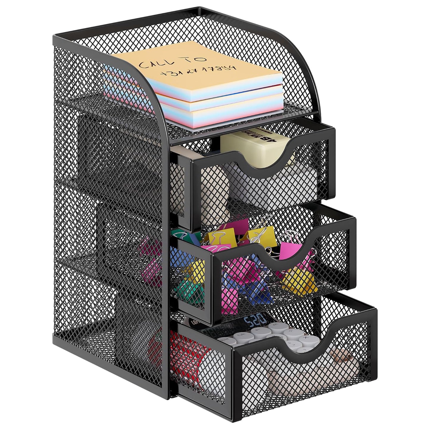 EasyPAG Mesh Desk Organizer with 3 Drawer Office Desktop Organizers and Accessories Stationery Caddy for Office, Home, Students, Black