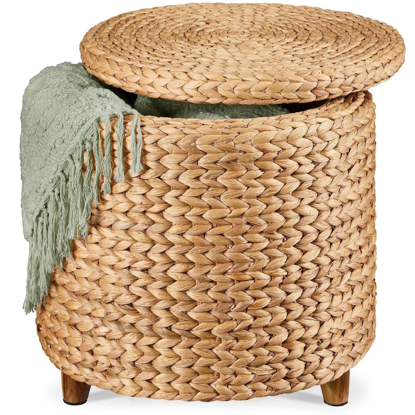 Best Choice Products 17" Round Storage Ottoman W/Lid, Handwoven Water Hyacinth Footstool, Footrest w/Wooden Legs, Accent Side Table, Storage Container, Plant Stand - Natural
