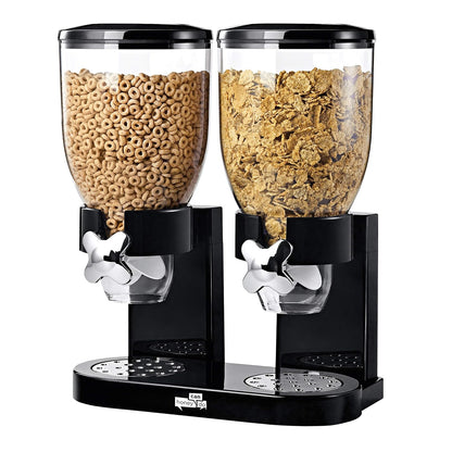 Honey-Can-Do Zevro Dual Dry Food Dispenser – Countertop Cereal Dispenser with Portion Control, 17.5 oz Per Canister, Airtight BPA-Free Snack Dispenser for Kitchen Organization, Black/Chrome