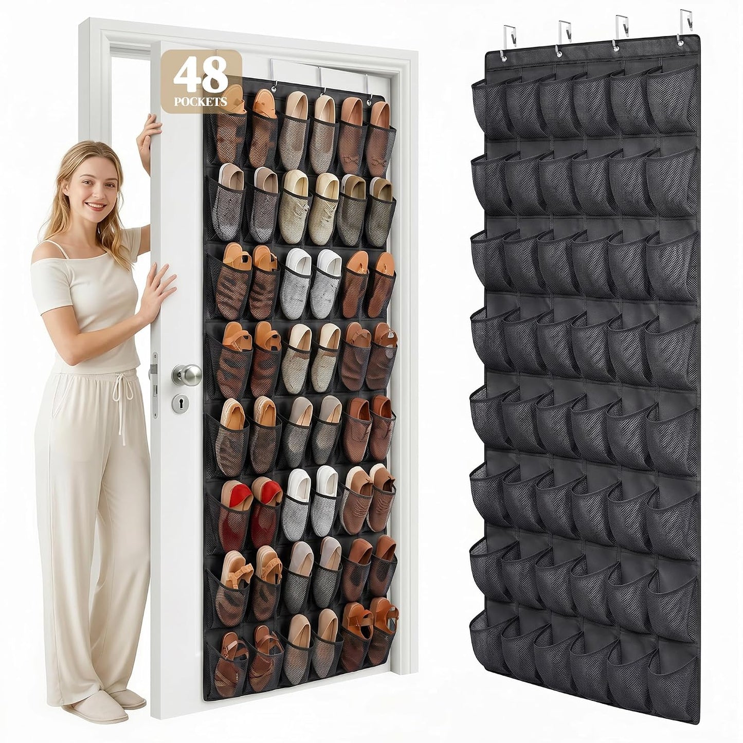 48 Pockets Over the Door Shoe Organizer, Large Mesh Hanging Shoe Rack, 6-Column Heavy Duty Shoe Storage for Sneakers and Heels, Behind Door Holder for Entryway Bedroom Dorm College, Black
