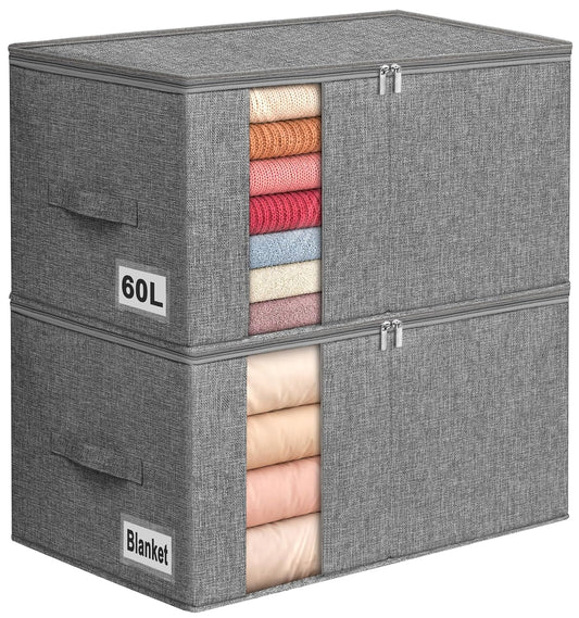 60L Rigid-Sided Blanket Storage Bags, 2 Pack, Gray | Rigid Sides and Bottom, Stackable Design, for Comforters, Quilts, Bedding, Pillows and Clothes, Closet and Dorm Organization