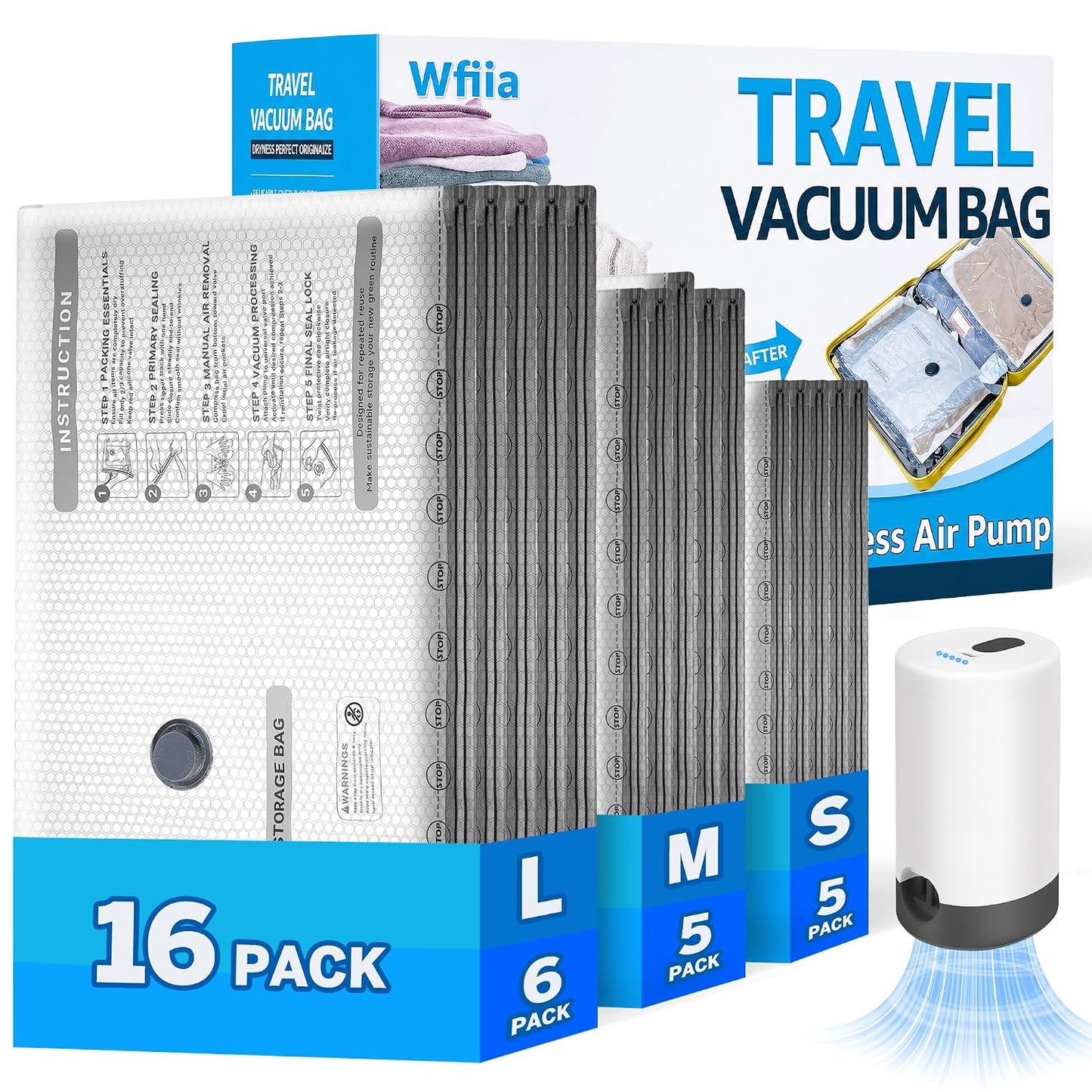 15+1 Packs Vacuum Bags for Travel with Rechargeable Pump, 3 Sizes Vacuum Seal Bags for Clothing, Compression Vacuum Travel Bags for Luggage, Vacuum Packing Bags for Closet Organization
