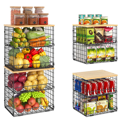 4 Pack Stackable Wire Baskets for Pantry Organizer... (Natural | Metal Wood)