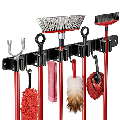 SUS304 5 Racks and 4 Hooks Mop and Broom Holder Wall Mount | Heavy Duty Self Adhesive Solid Non-slip Broom Organizer Storage Tool Racks for Home Kitchen Garden Laundry Garage