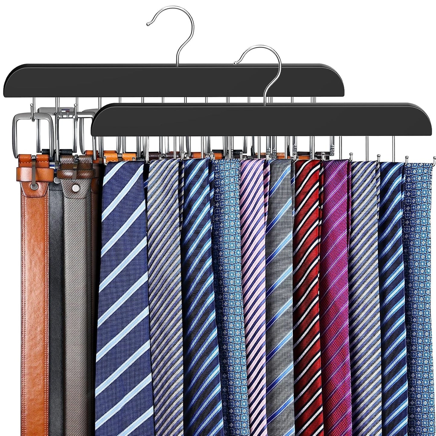 2 Pack Tie Rack & Belt Hanger for Closet Organization, Wooden Tie Organizer | Space Saving 2 in 1 Tie Hanger Max 42 Belts & 60 Ties Capacity, Premium Tie Belt Holder for Closet Organizers and Storage
