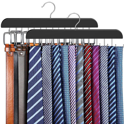 2 Pack Tie Rack & Belt Hanger for Closet Organization, Wooden Tie Organizer | Space Saving 2 in 1 Tie Hanger Max 42 Belts & 60 Ties Capacity, Premium Tie Belt Holder for Closet Organizers and Storage