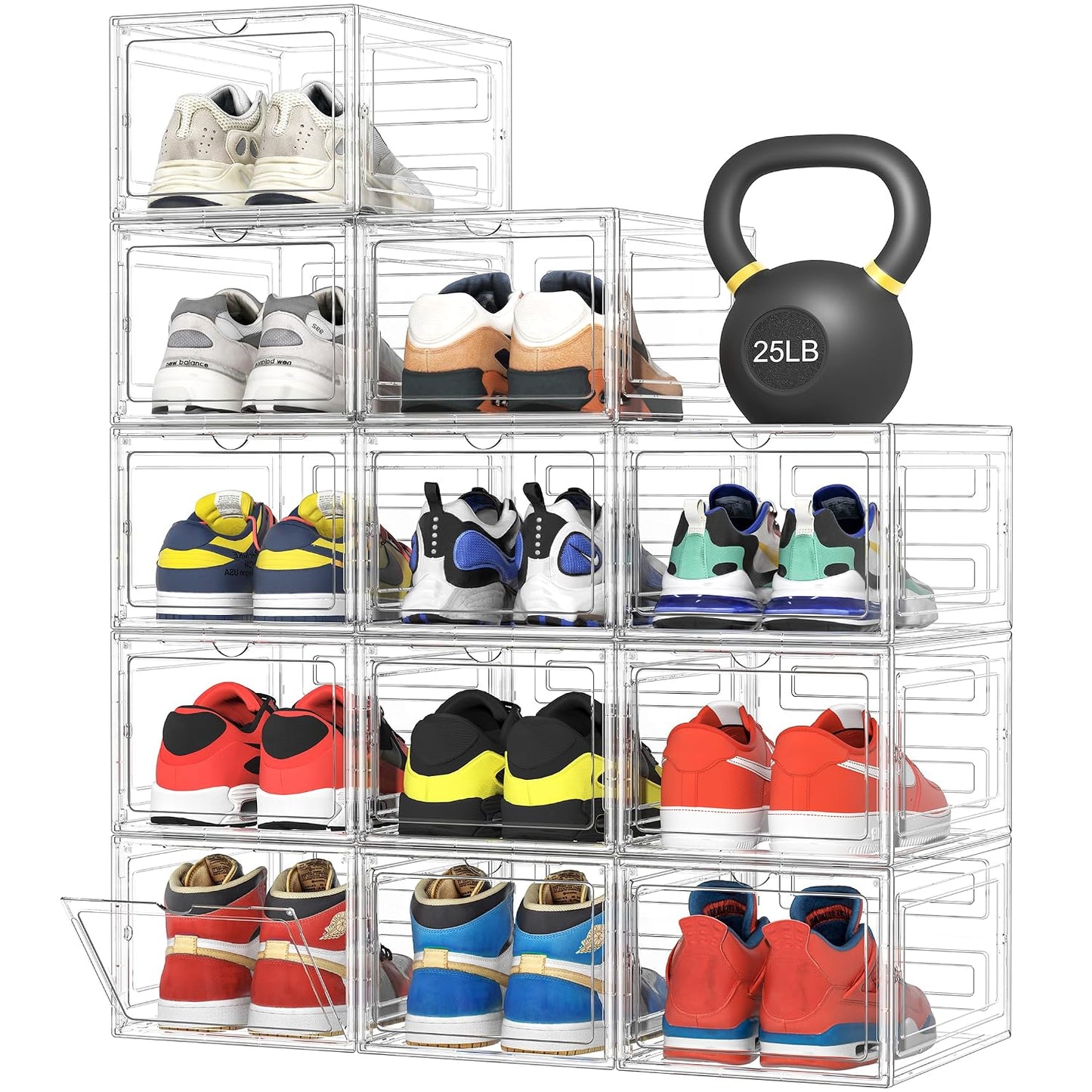 Upgraded Hard Shoe Storage Box 12 Pack XL Clear Shoe Organizer | Stackable, Thicken Sturdy, Fit Size 12, 7.4” Height, Closet, Sneaker Storage Display Case Holder Bins, Magnetic Door Clear