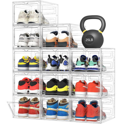 Upgraded Hard Shoe Storage Box 12 Pack XL Clear Shoe Organizer | Stackable, Thicken Sturdy, Fit Size 12, 7.4” Height, Closet, Sneaker Storage Display Case Holder Bins, Magnetic Door Clear
