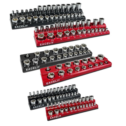 EACELIY Magnetic Socket Organizer Set, 1/2", 1/4" and 3/8" SAE & Metric Deep & Shallow Socket Holder Kit, holds 141 stanard Sockets, attaches to steel box/tool cart (sockets not included) 丨6PCS
