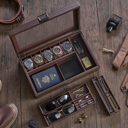 ProCase Men's Jewelry Box, 5-Slot Watch Display Case Jewellry Storage Organizer for Sunglasses Rings Accessories with Hidden Compartment, Watch Holder with Glass Lid, Fathers Day Gift -Espresso