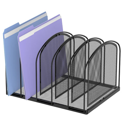5-Section File Organizer for Desk, Metal File Folder Holder, Black | 5 Vertical Compartments with Sturdy Metal Base for Office Documents Books Magazines and Laptop