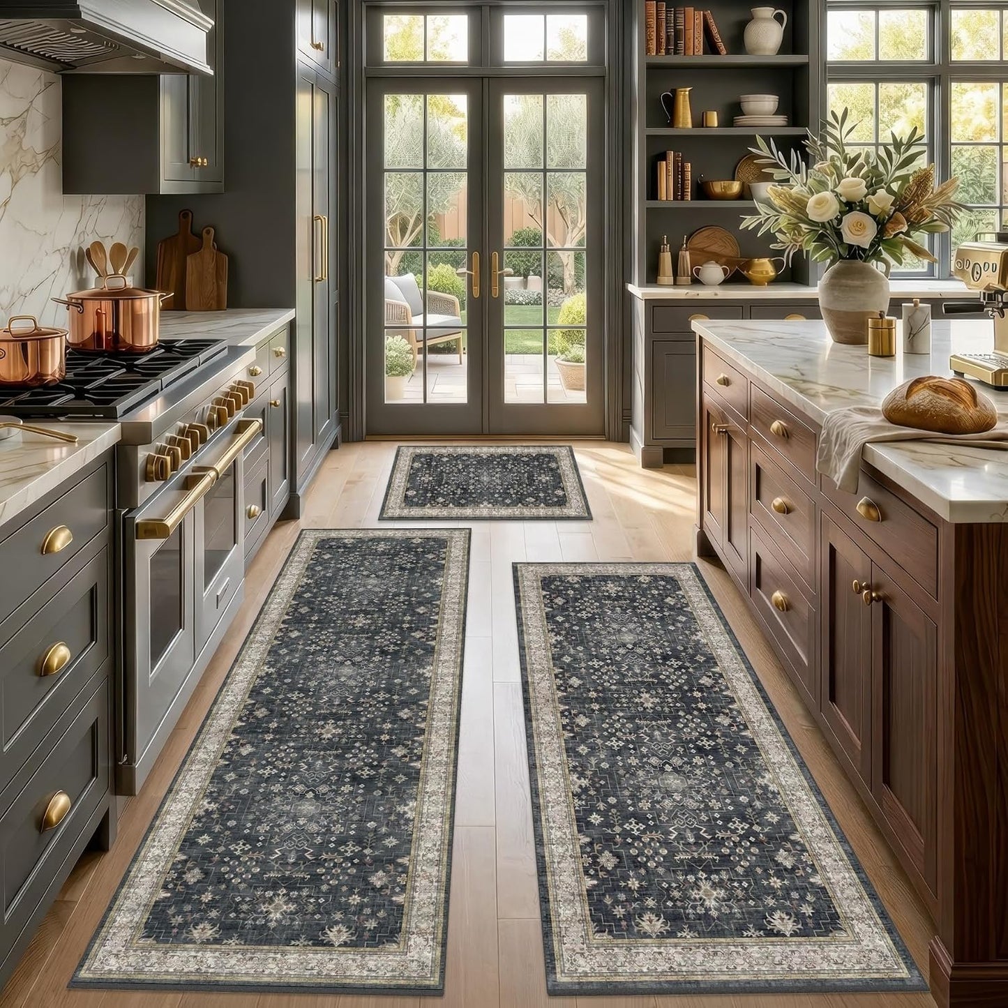 Black Boho Kitchen Rugs Set of 3, Non-Slip Machine Washable Kitchen Floor Mats, Low-Pile Runner Rug for Sink, Entryway, Bathroom, Laundry Room, Bedroom, Vintage Farmhouse Design