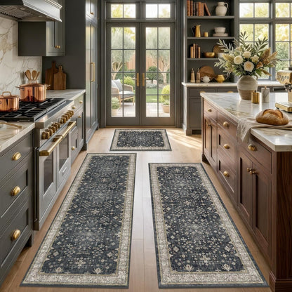 Black Boho Kitchen Rugs Set of 3, Non-Slip Machine Washable Kitchen Floor Mats, Low-Pile Runner Rug for Sink, Entryway, Bathroom, Laundry Room, Bedroom, Vintage Farmhouse Design