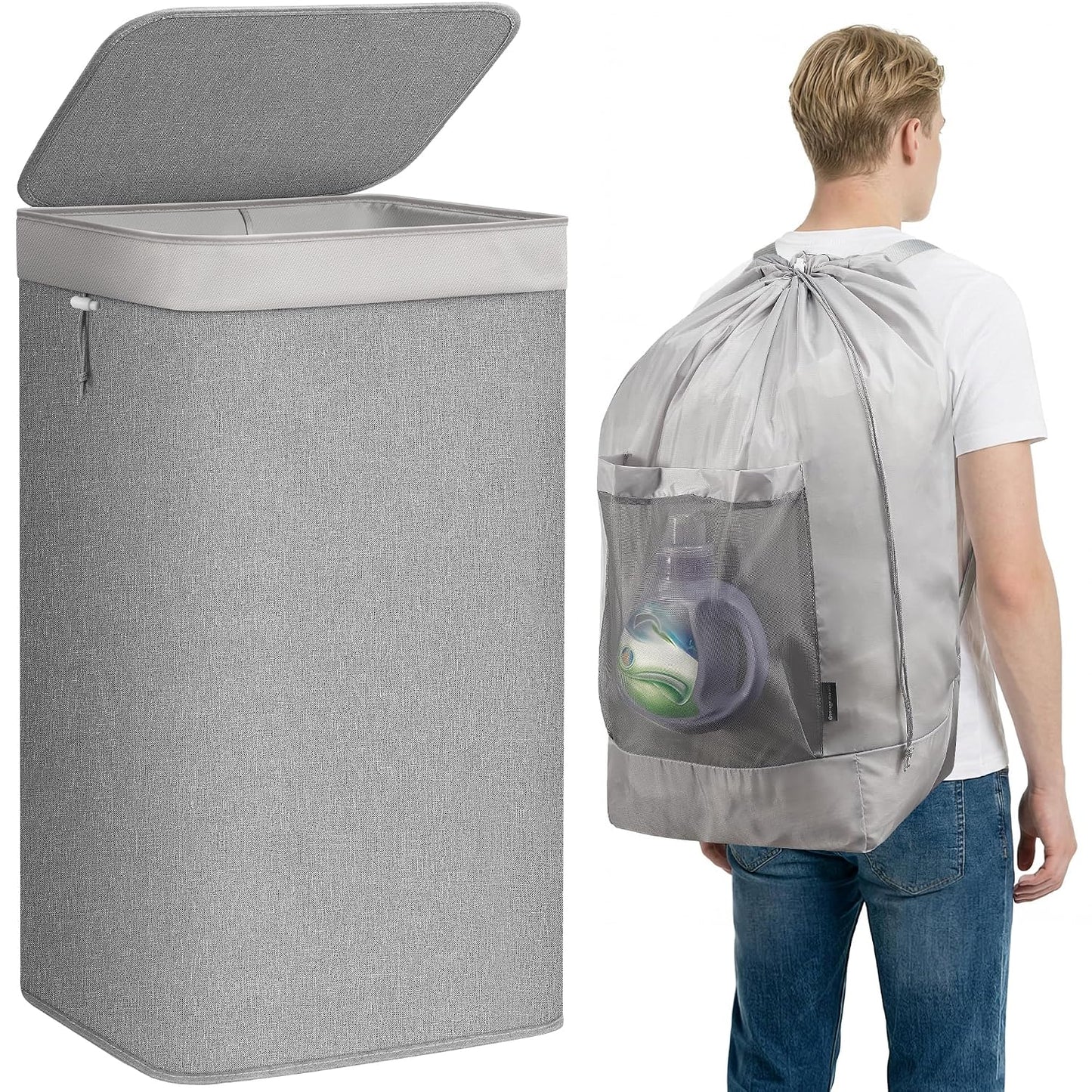 STORAGE MANIAC 2-in-1 Laundry Hamper with Laundry Backpack Bag, 90L Metal Frame Laundry Basket, Dirty Clothes Bag with Shoulder Straps and Mesh Pocket for College, Travel, Laundromat, Apartment, Gray