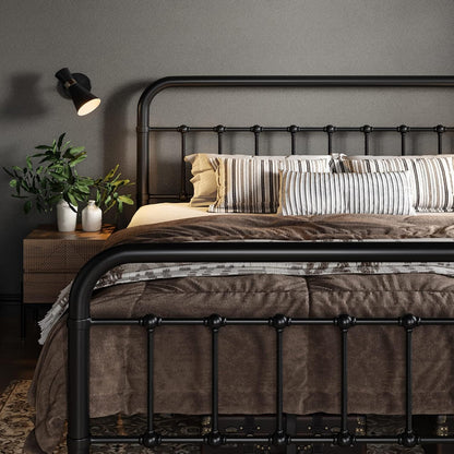 Allewie Queen Metal Bed Frame with Victorian Iron-Art Headboard, Black | Victorian Style Wrought Iron-Art Headboard/Footboard, Easy Assembly, Under Bed Storage, No Box Spring Required