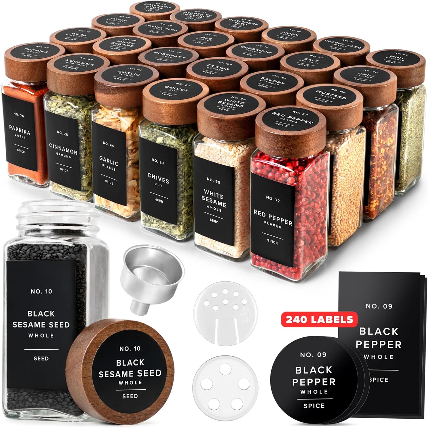 Glass Spice Jars with Label, 24x Acacia Wooden Lids - Black Labels