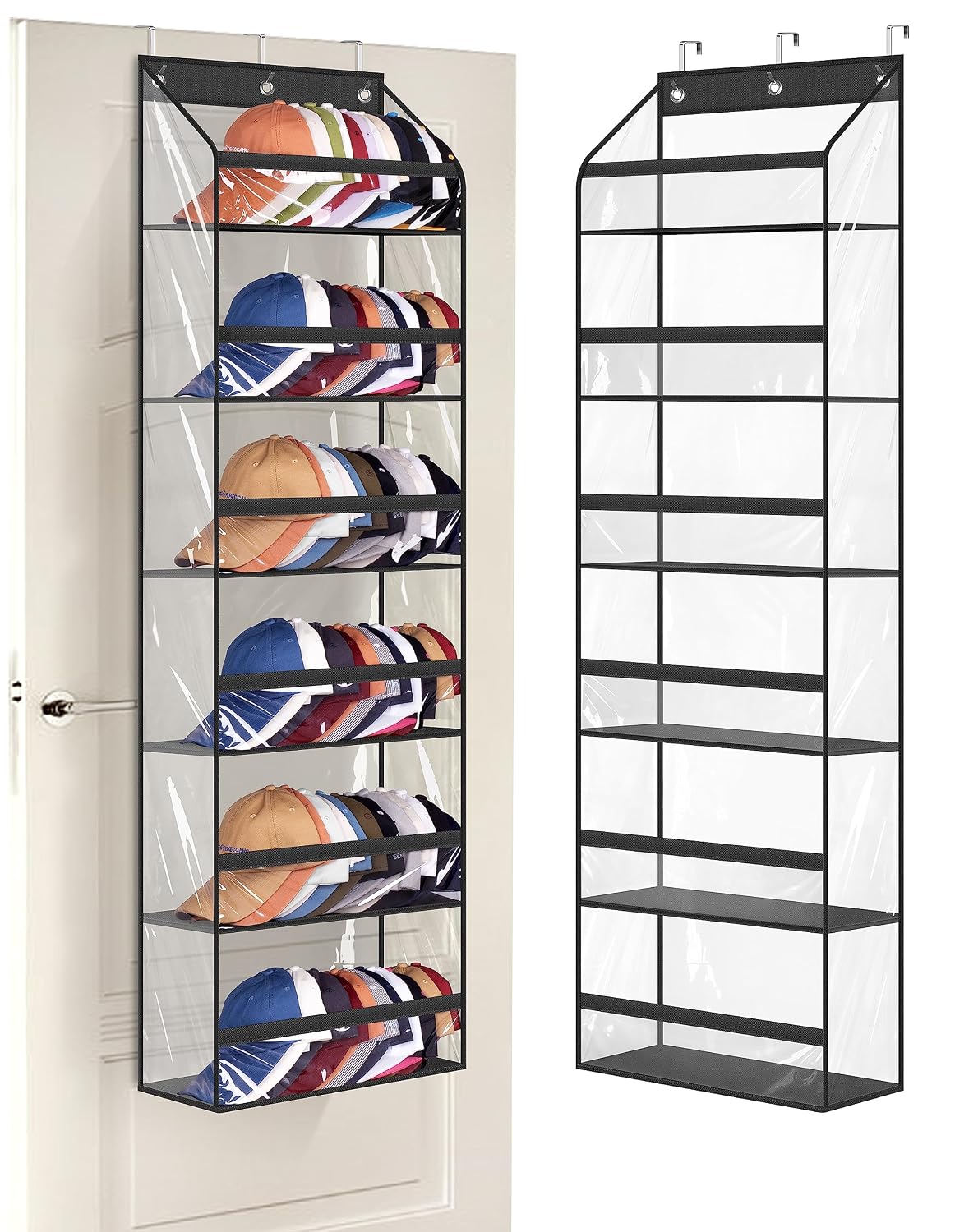 Clear Over The Door Hat Racks for Baseball Caps, Large Holds up to 72 Caps Hat Storage Organizer for Closet Wall, Deep Pockets Hanging Hat Holder with 3 Hooks, Black