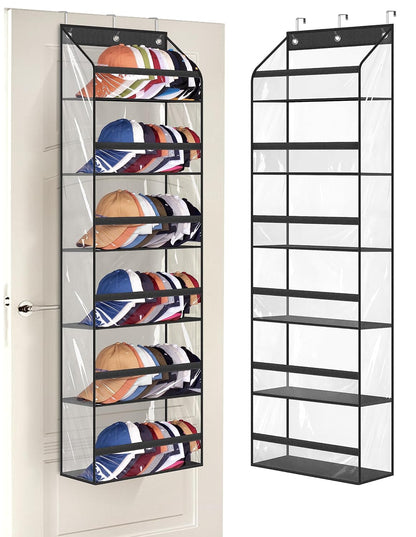 Clear Over The Door Hat Racks for Baseball Caps, Large Holds up to 72 Caps Hat Storage Organizer for Closet Wall, Deep Pockets Hanging Hat Holder with 3 Hooks, Black