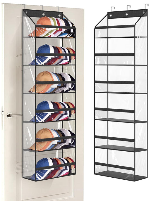 Clear Over The Door Hat Racks for Baseball Caps, Large Holds up to 72 Caps Hat Storage Organizer for Closet Wall, Deep Pockets Hanging Hat Holder with 3 Hooks, Black
