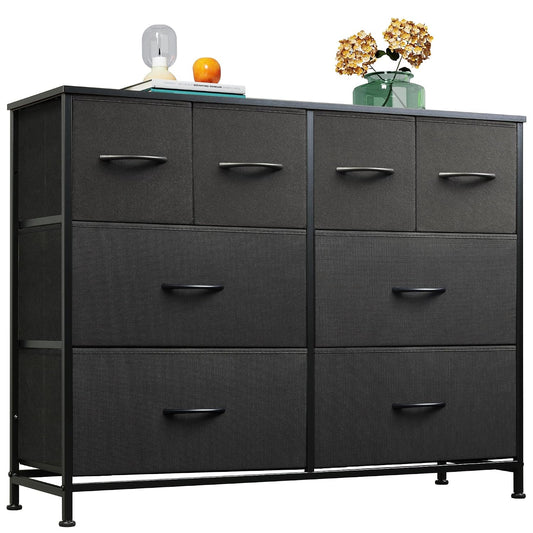 WLIVE Wide Dresser for Bedroom, 8 Drawer Chest of Drawers, Black | 8 roomy fabric drawers, Wide storage design, Bedroom or closet use, Sturdy steel frame, Smooth wood tabletop