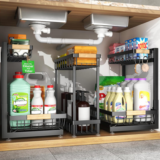3-Pack 2-Tier Height Adjustable Under Sink Organizer, Black | Multi-purpose metal storage shelf with sliding shelves for kitchen, bathroom, pantry & laundry cabinet