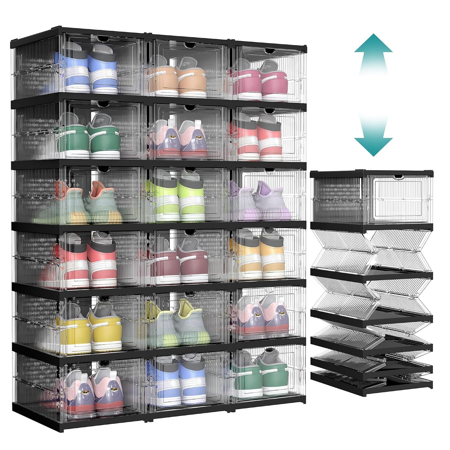 SONGMICS Foldable Shoe Boxes, Stackable Shoe Storage Organizer | Pack of 18, Portable, Fit up to US size 13, 60s Assembly, Transparent and Ink Black ULSP207B01